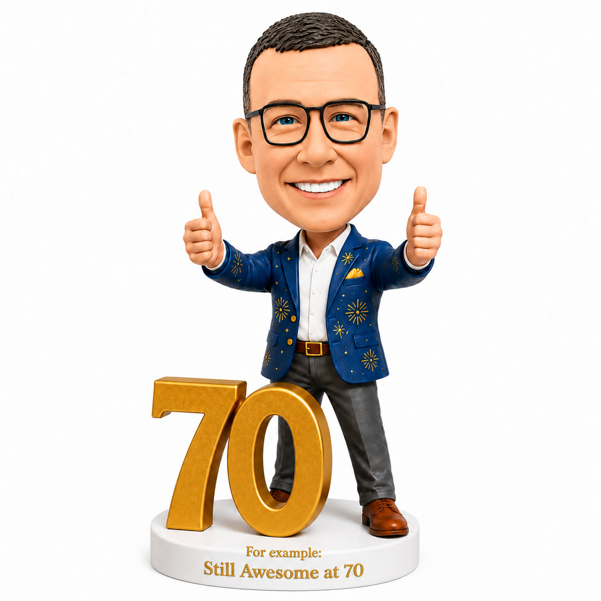 Custom 70th Birthday Bobblehead for Men Giving Two Thumbs Up –— Customizable Any Outfit & Pose