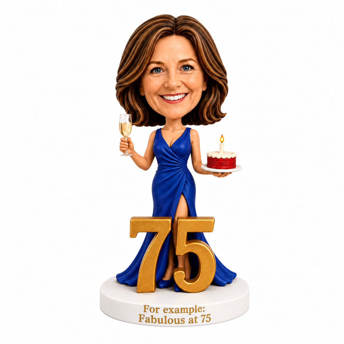 Cheers to 75 –- Custom 75th Birthday Bobblehead for Her – Customizable Any Outfit & Pose