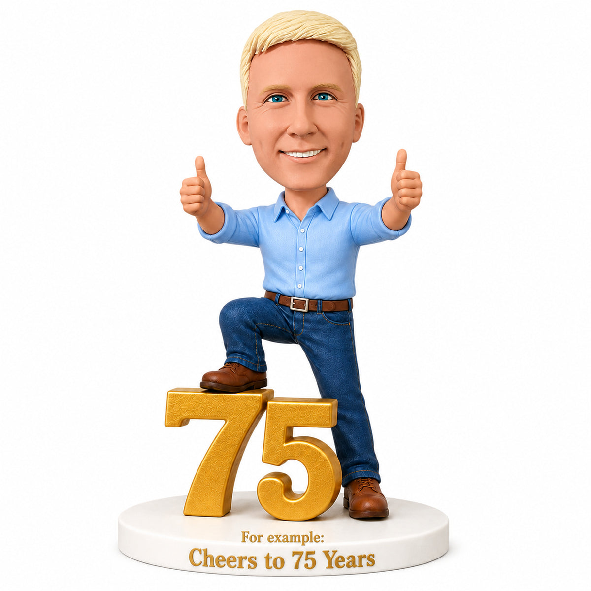 Custom 75th Birthday Bobblehead for Men Giving Two Thumbs Up –— Customizable Any Outfit & Pose