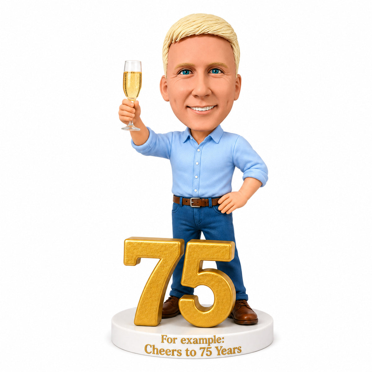 Custom 75th Birthday Bobblehead for Men Holding a Glass of Champagne –- Optional Outfit & Pose Customization