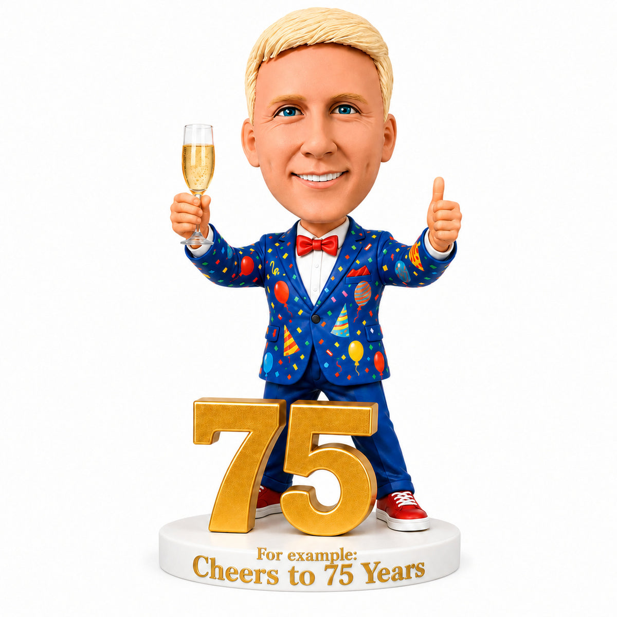 Custom 75th Birthday Bobblehead for Men Holding a Glass of Champagne –- Customizable Any Outfit & Pose