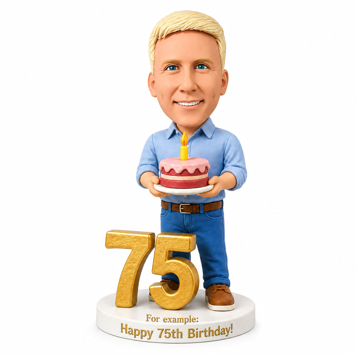 Custom 75th Birthday Bobblehead for Men Holding a Cake –- Optional Outfit & Pose Customization
