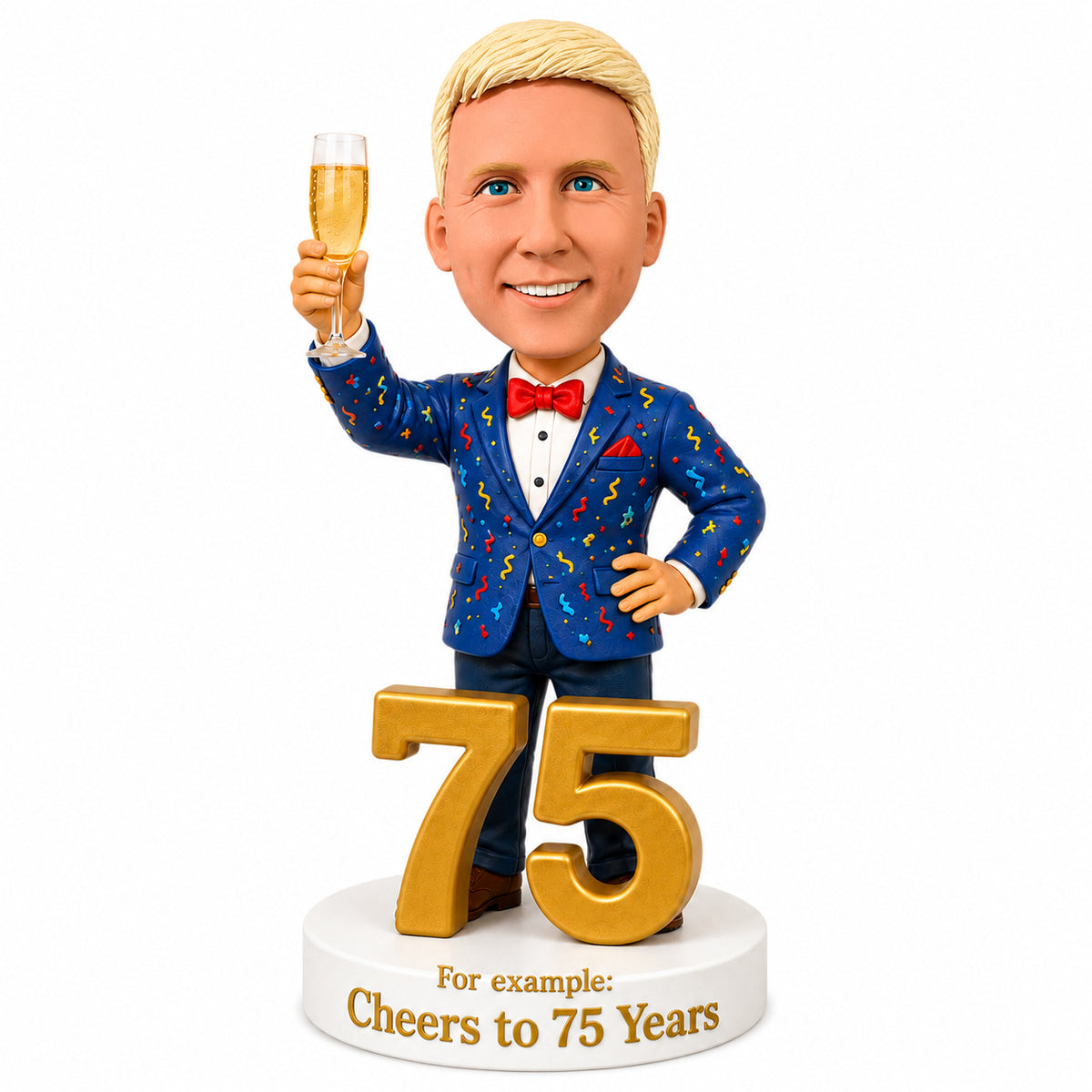 Custom 75th Birthday Bobblehead for Men Holding a Glass of Champagne – Customizable Any Outfit & Pose