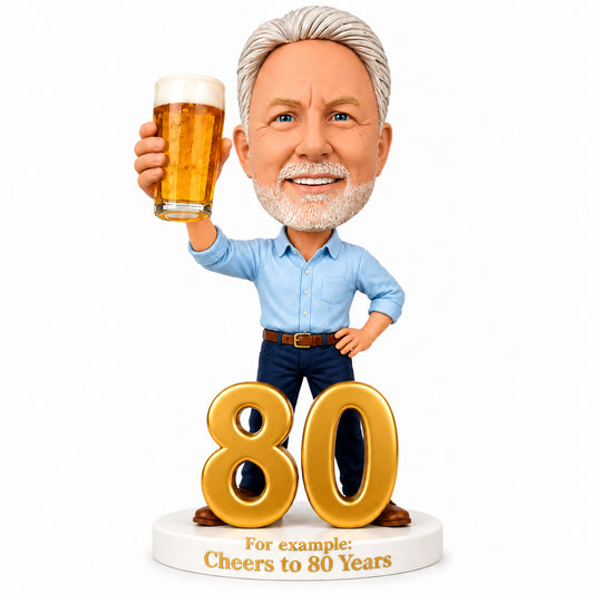 Custom 80th Birthday Bobblehead for Men Holding a Beer –- Customizable Any Outfit & Pose