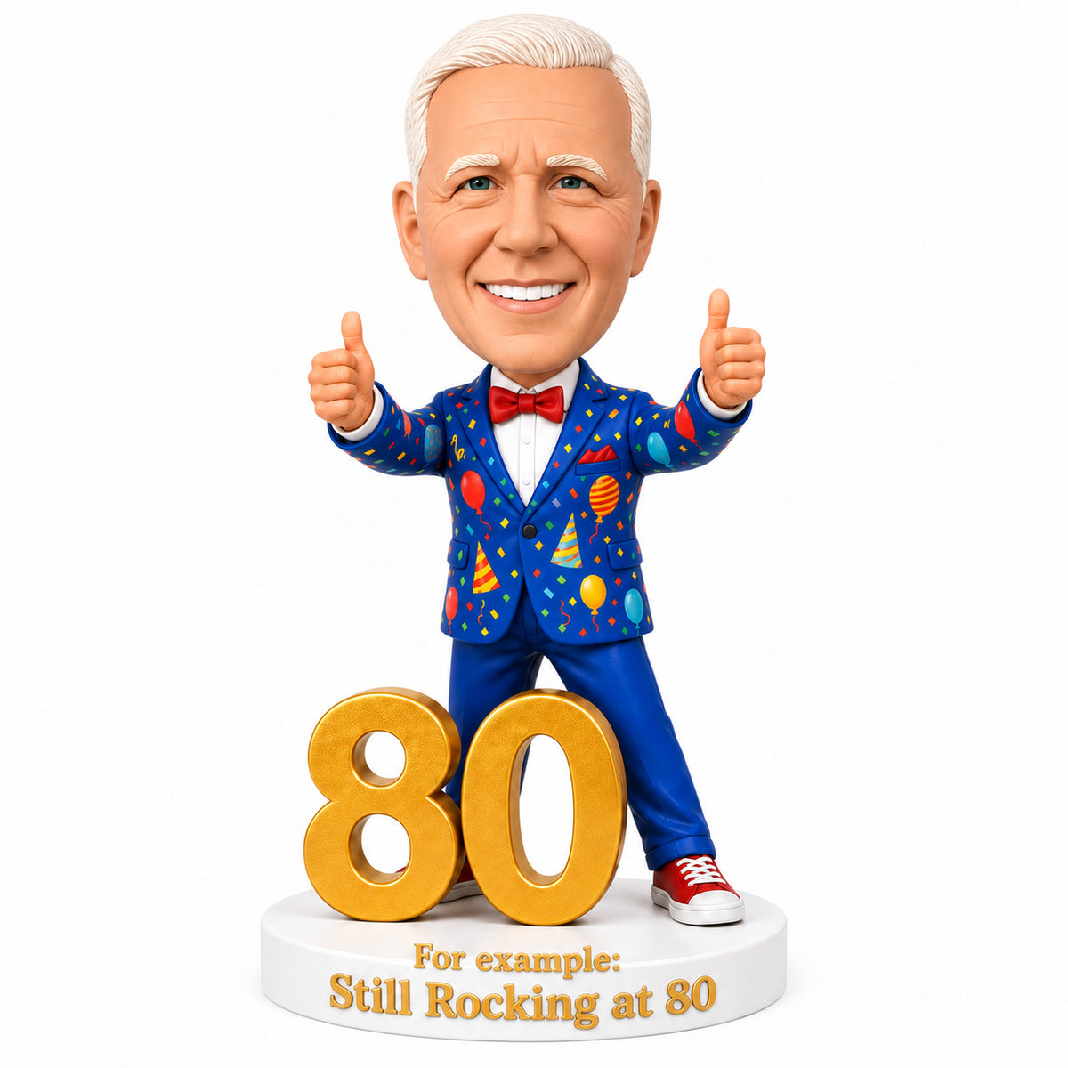 Custom 80th Birthday Bobblehead for Men in a Party Suit –– Customizable Any Outfit & Pose
