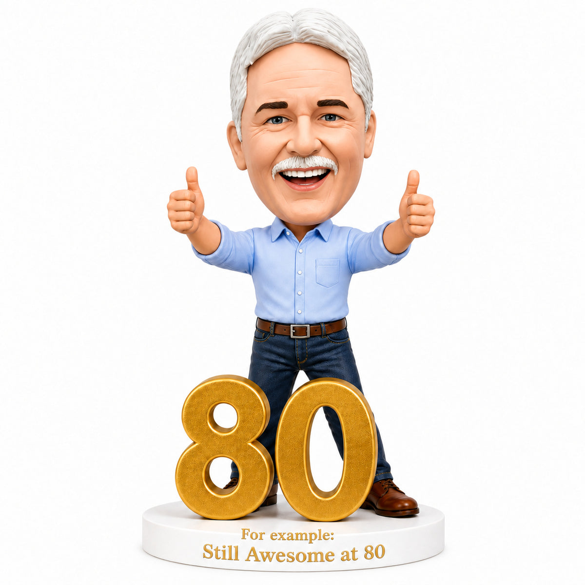 Custom 80th Birthday Bobblehead for Men Giving Two Thumbs Up –— Customizable Any Outfit & Pose
