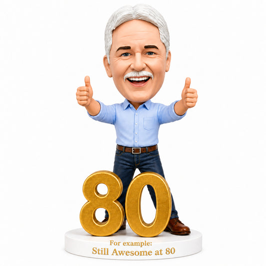 Custom 80th Birthday Bobblehead for Men Giving Two Thumbs Up –— Customizable Any Outfit & Pose