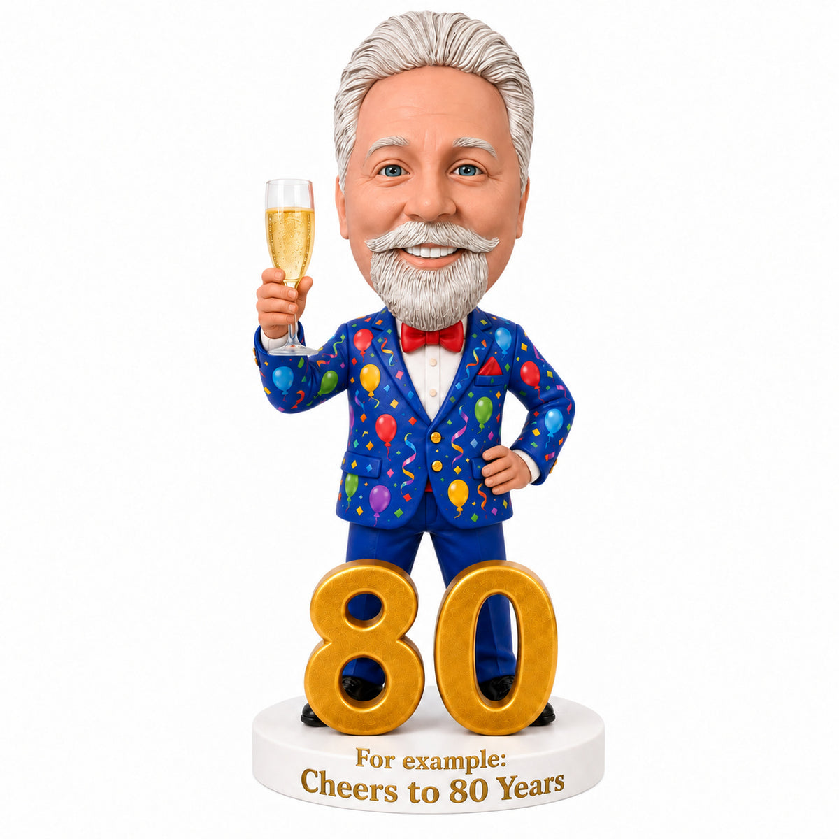 Custom 80th Birthday Bobblehead for Men Holding a Glass of Champagne –- Customizable Any Outfit & Pose