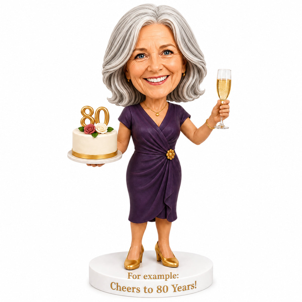 Cheers to 80 – Custom 80th Birthday Bobblehead for Her – Customizable Outfit & Pose