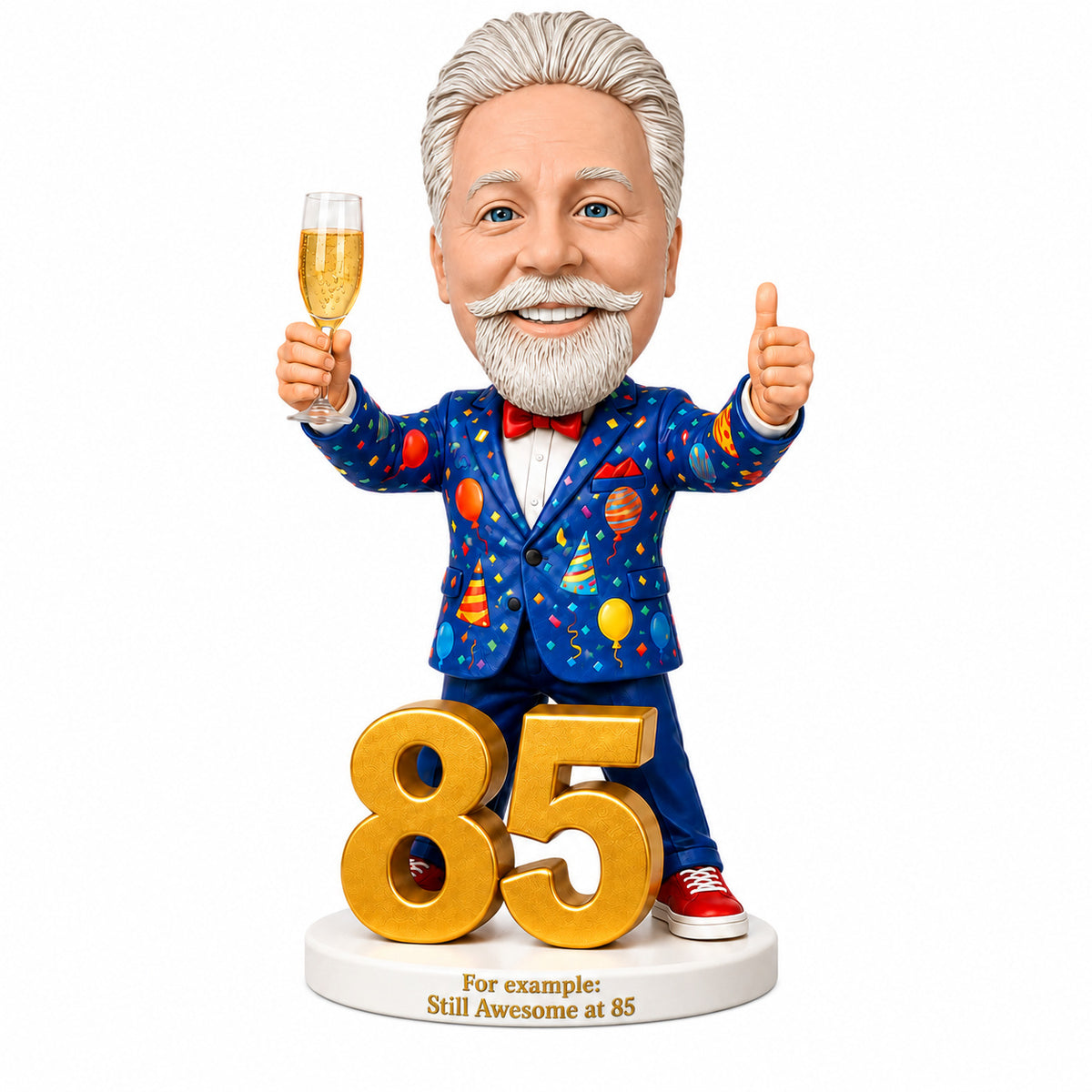 Custom 85th Birthday Bobblehead for Men Holding a Glass of Champagne –- Customizable Any Outfit & Pose
