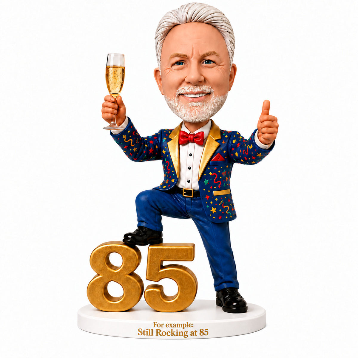Custom 85th Birthday Bobblehead Gift for Men with Champagne –- Optional Outfit & Pose Customization