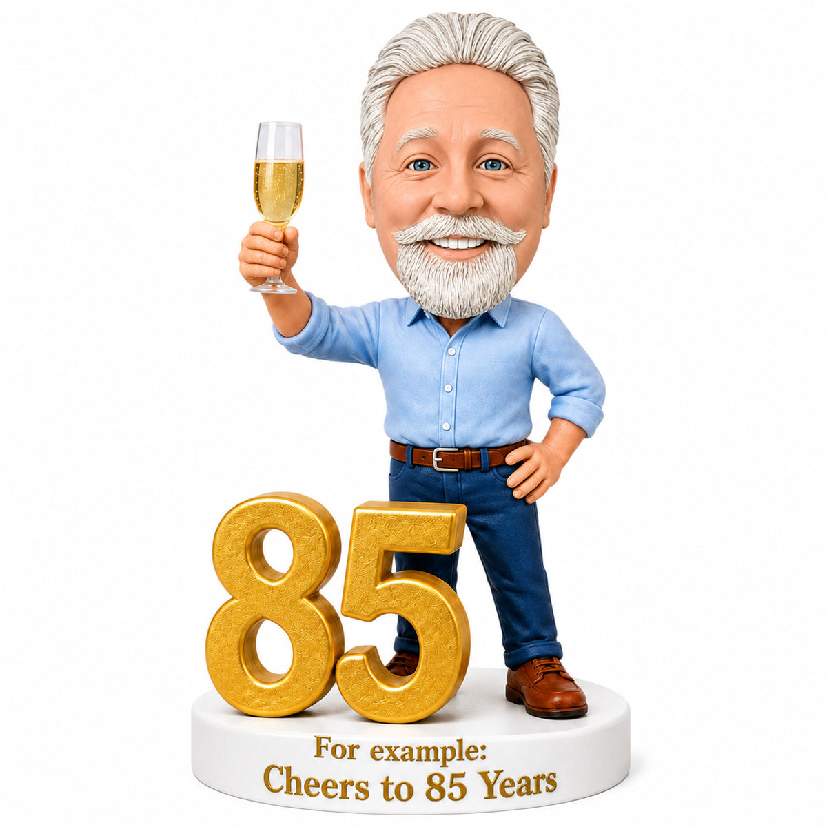 Custom 85th Birthday Bobblehead Gift for Men with Champagne  –- Customizable Any Outfit & Pose