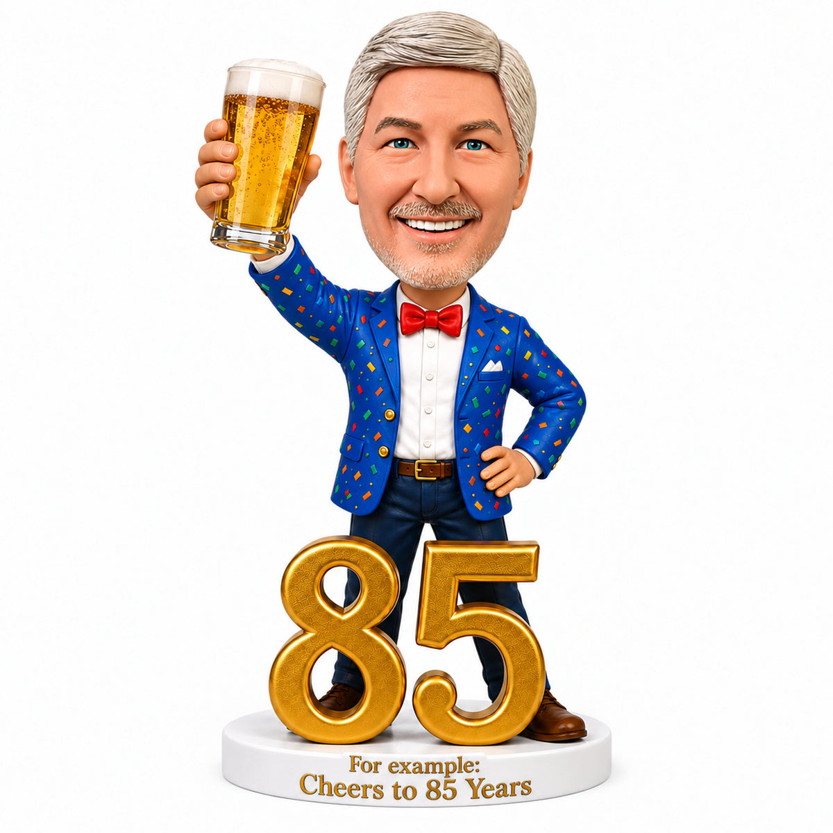 Custom 85th Birthday Bobblehead for Men Holding a Beer –- Customizable Any Outfit & Pose