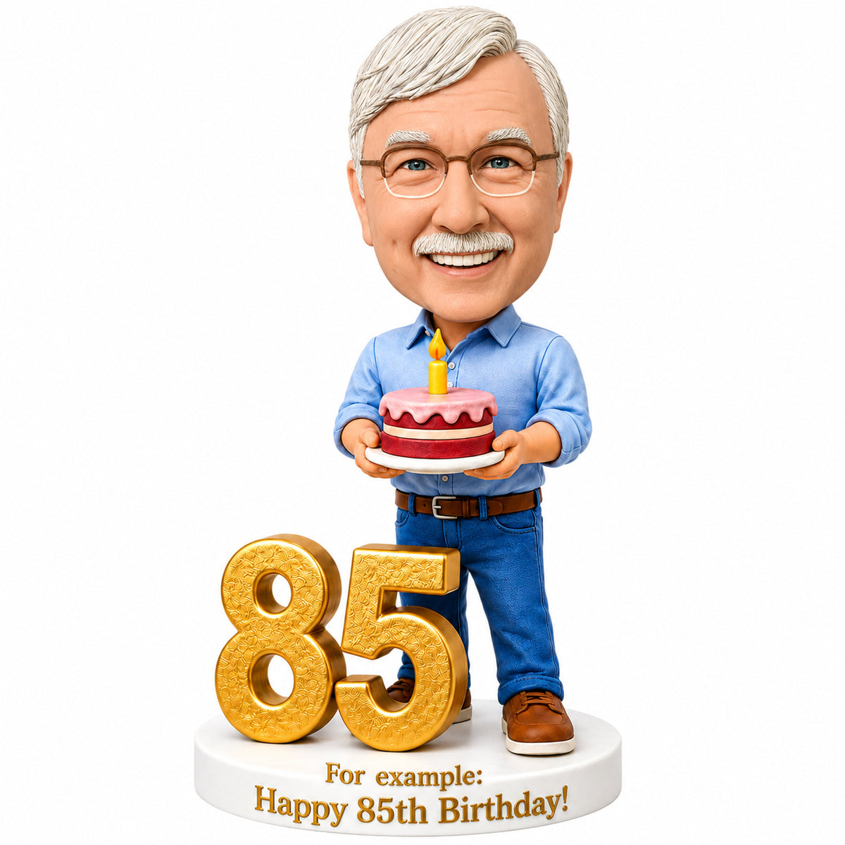 Custom 85th Birthday Bobblehead for Men Holding a Cake –– Customizable Any Outfit & Pose