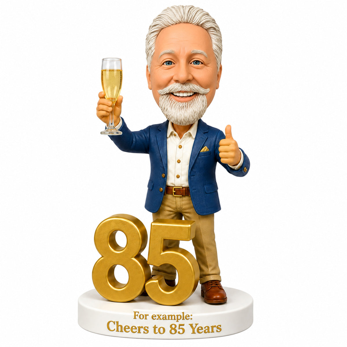 Custom 85th Birthday Bobblehead Gift for Men with Champagne  –- Optional Outfit & Pose Customization