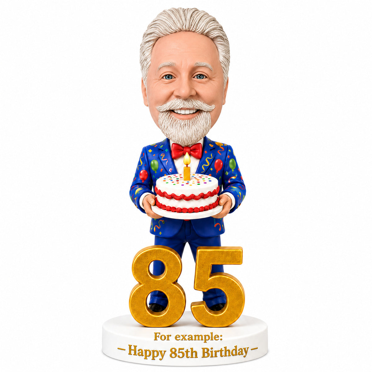 Custom 85th Birthday Bobblehead for Men Holding a Cake –- Optional Outfit & Pose Customization