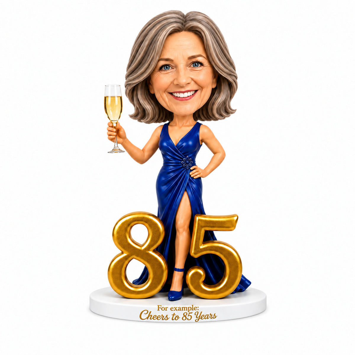 Cheers to 85 –- Custom 85th Birthday Bobblehead for Her – Customizable Any Outfit & Pose