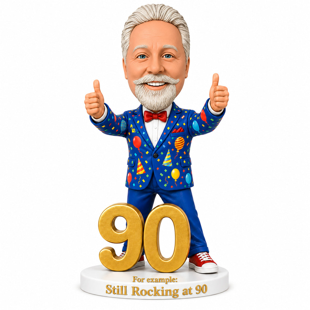 Custom 90th Birthday Bobblehead for Men Giving Two Thumbs Up –— Optional Outfit & Pose Customization