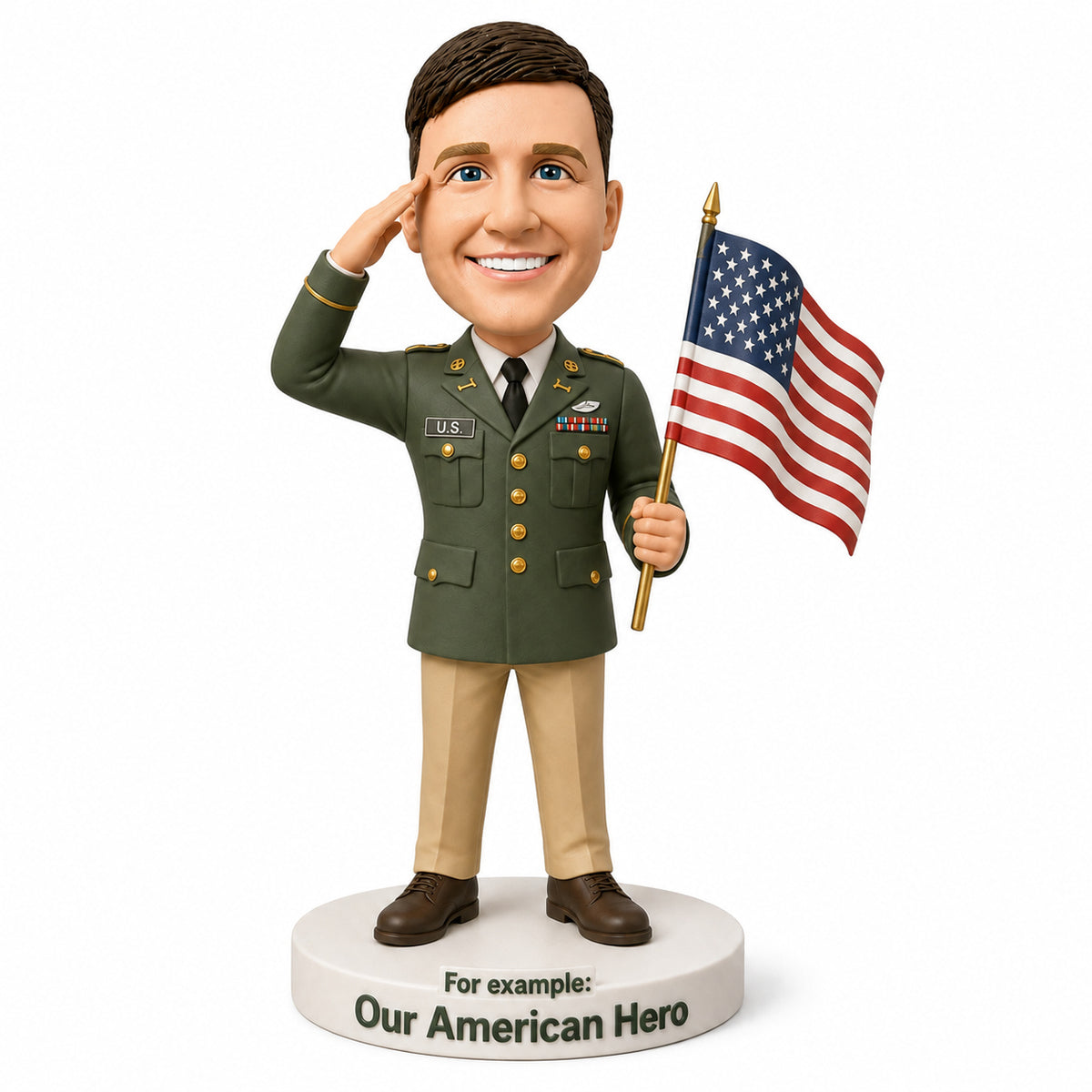 Custom Army Bobbleheads Holding an American Flag – Customizable Military Uniform & Pose