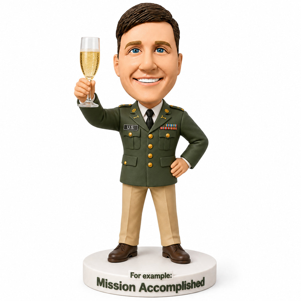 Custom U.S. Army Bobbleheads Holding a Champagne Glass – Customizable Military Uniform & Pose