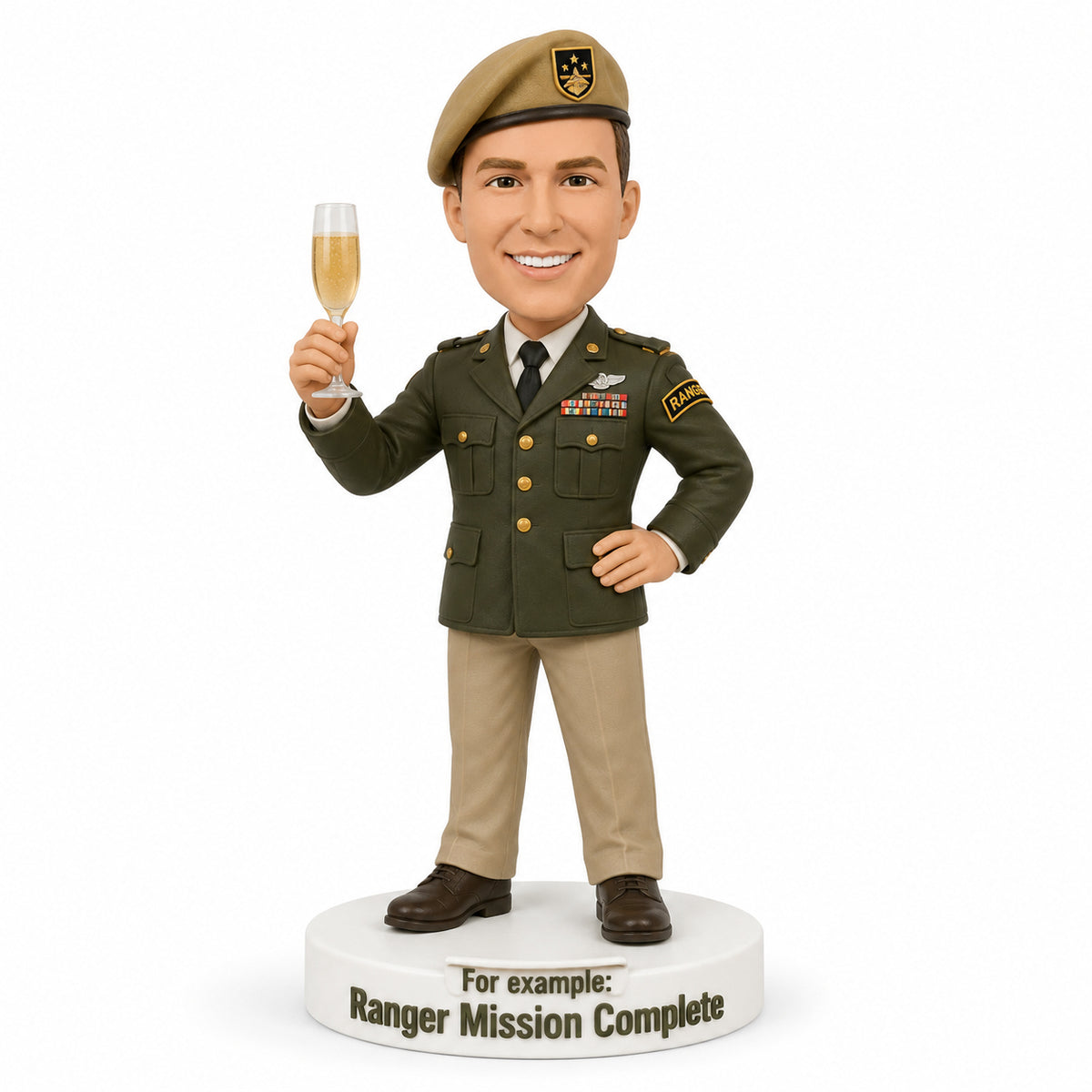Custom U.S. Army Ranger Bobbleheads Holding a Champagne Glass – Customizable Military Uniform & Pose