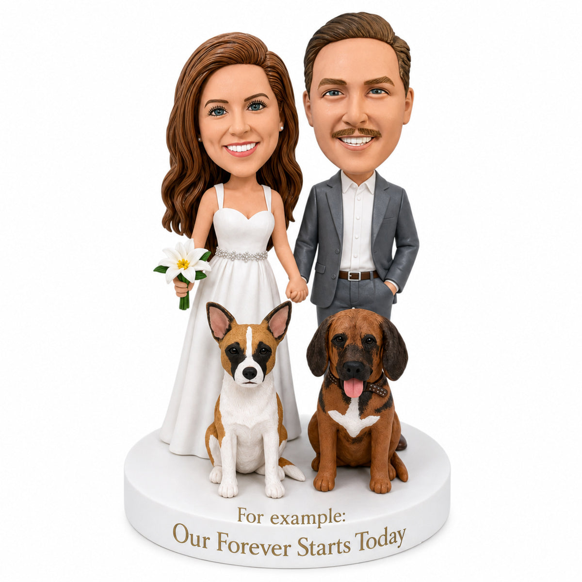 Custom Bride & Groom Bobblehead Cake Topper with Dogs | Customize Any Outfit & Pose