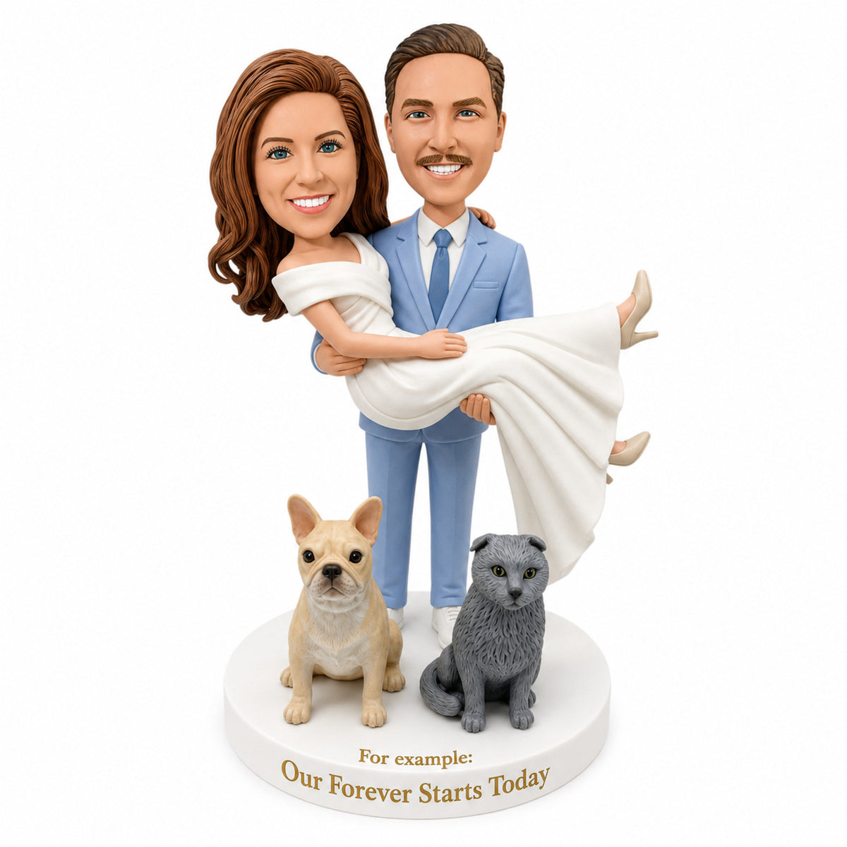 Custom Bride & Groom Bobblehead Cake Topper with Dog & Cat| Customize Any Outfit & Pose