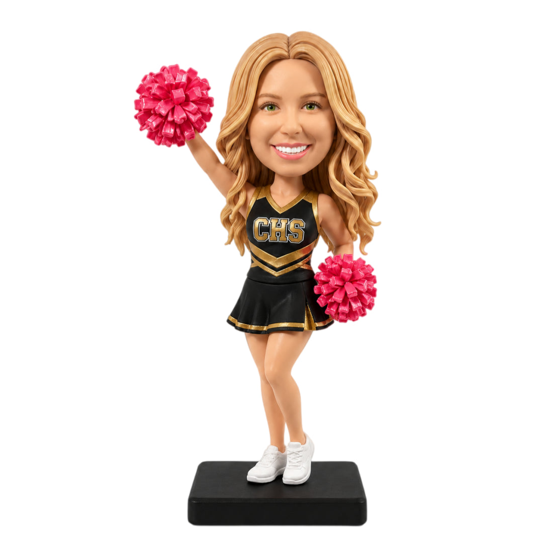 Custom Cheerleader Bobbleheads with Pom-Poms – Customizable Cheerleading Uniform & Pose