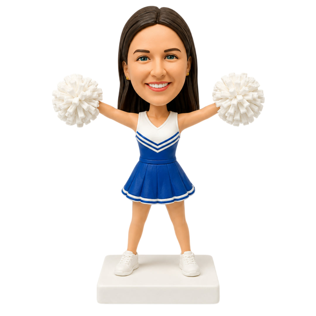 Custom Female Cheerleader Bobbleheads Holding Pom-Poms – Customizable Cheerleading Uniform & Pose
