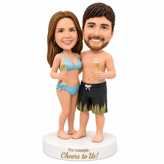 Custom Couple Bobbleheads – Beach Vacation with Wine | Customizable Any Outfit & Pose