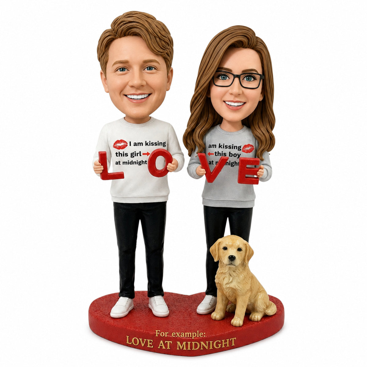 Custom Couple Bobbleheads – LOVE Letters with Dog | Customizable Any Outfit & Pose