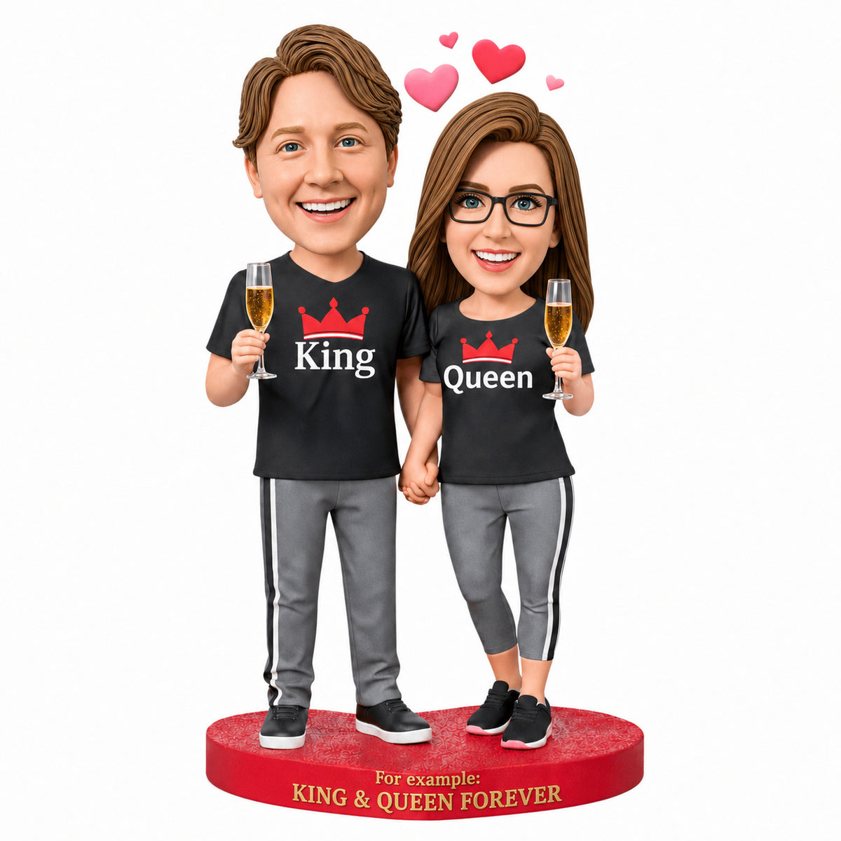 Custom Couple Bobbleheads – Matching King & Queen Shirts with Champagne| Customizable Any Outfit & Pose