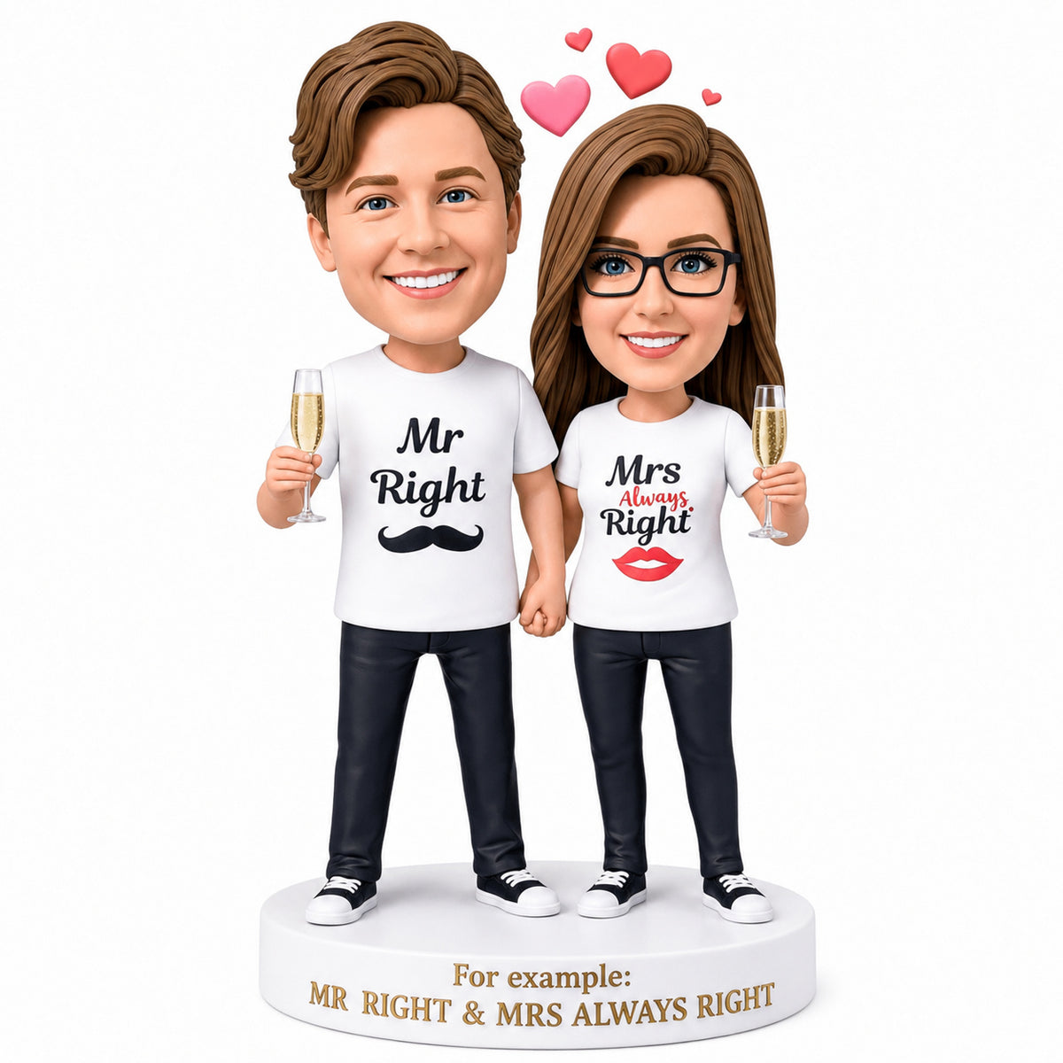 Custom Couple Bobbleheads – Mr. Right & Mrs. Always Right with Champagne | Customizable Any Outfit & Pose