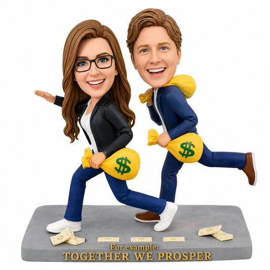 Custom Couple Bobbleheads – Running with Money Bags | Customizable Any Outfit & Pose