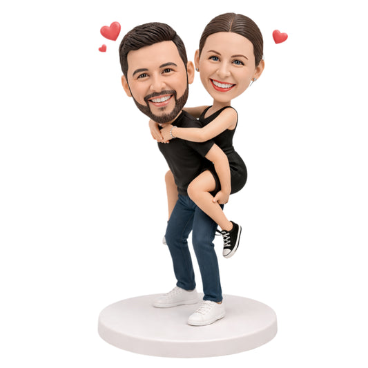 Custom Couple Bobbleheads – Romantic Piggyback Pose | Customizable Any Outfit & Pose