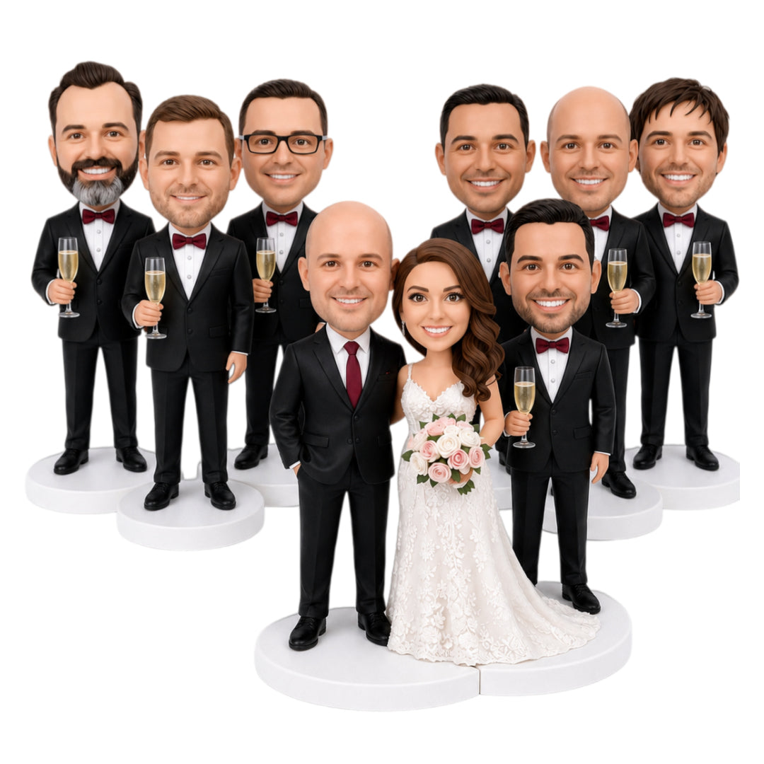 Custom Groomsmen Bobbleheads with Champagne – Customize Any Outfit & Pose