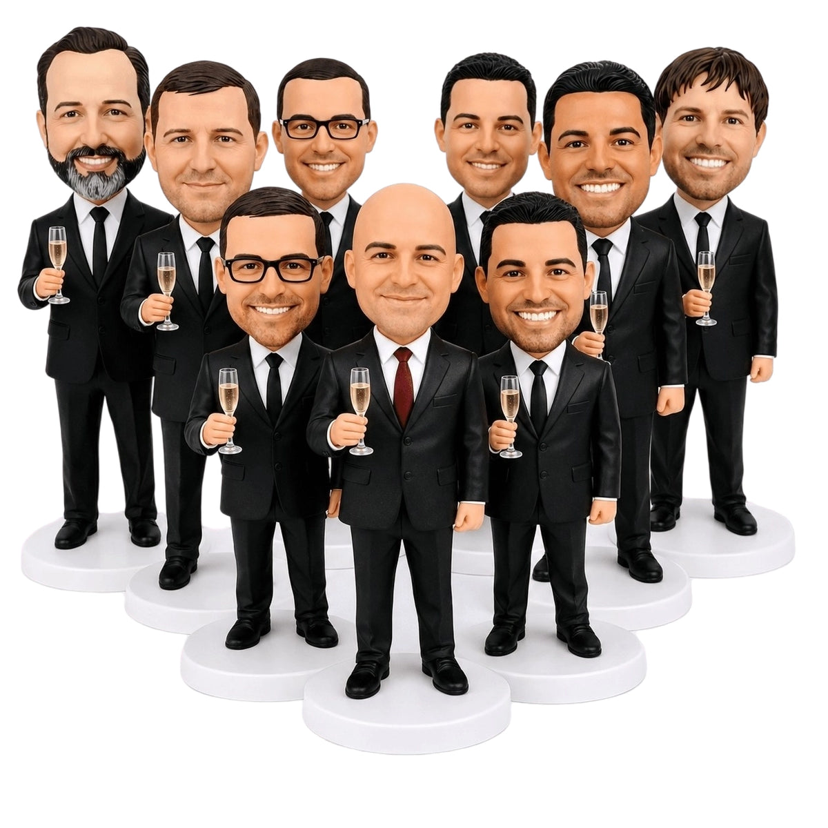 Custom Groomsmen Bobbleheads Holding Champagne Glasses – Customize Any Outfit & Pose