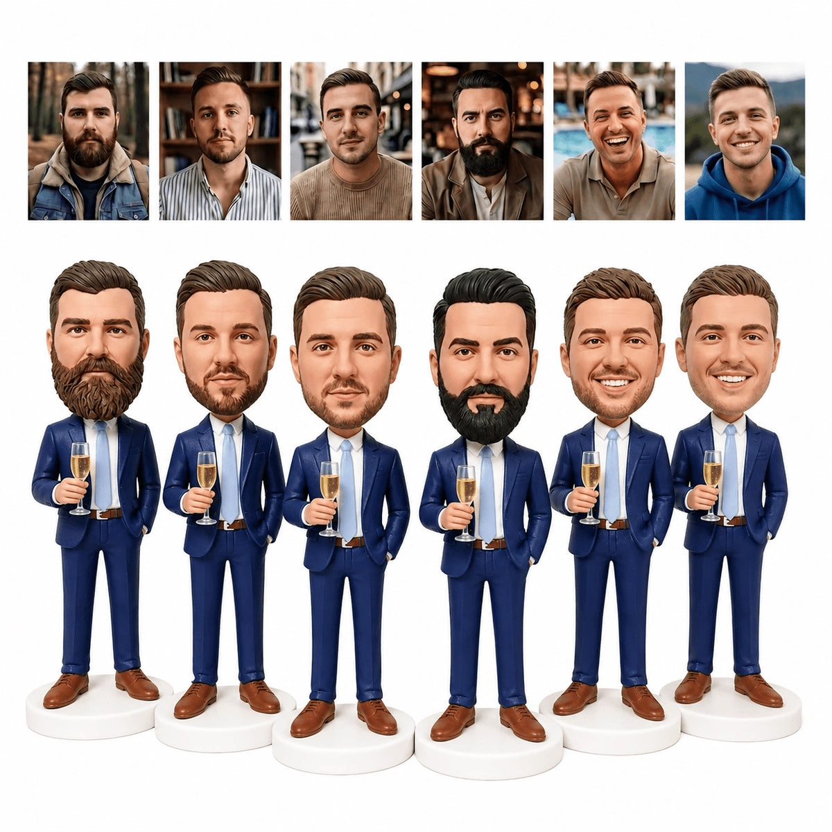 Custom Groomsmen Bobbleheads Holding Champagne Glasses –- Customize Any Outfit & Pose