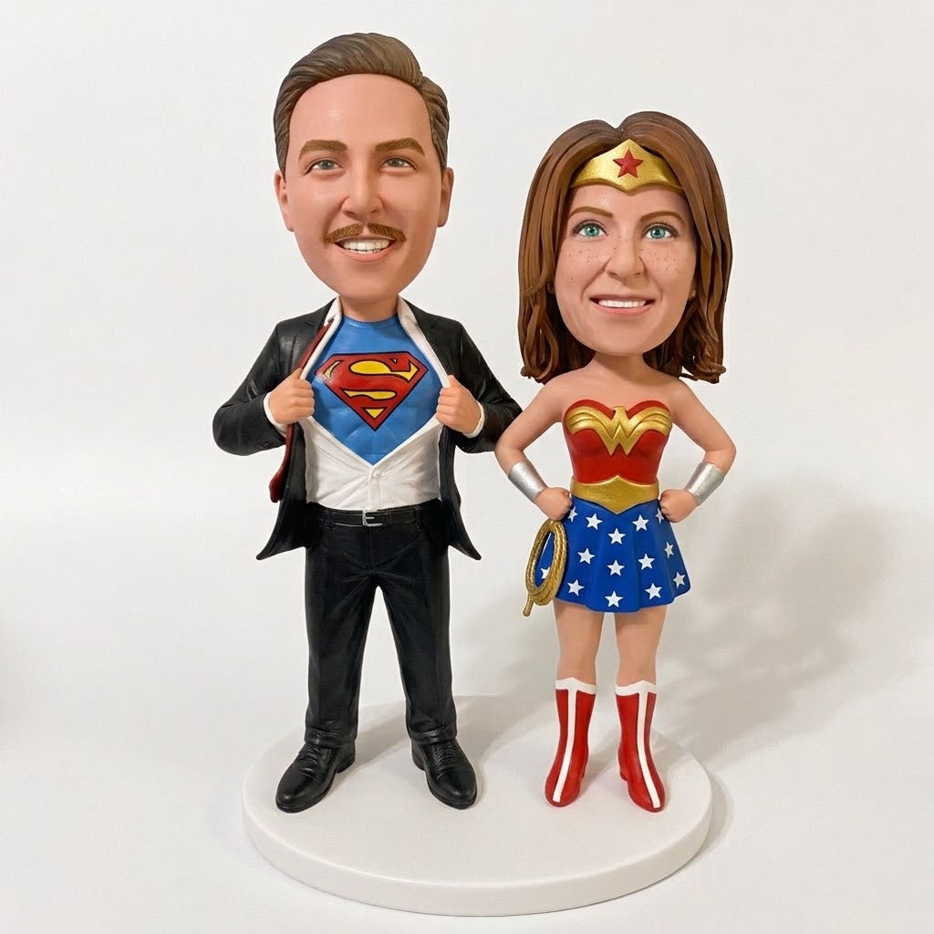 Custom Superhero Groom & Bride Bobblehead Cake Topper – Customizable Any Outfit & Pose