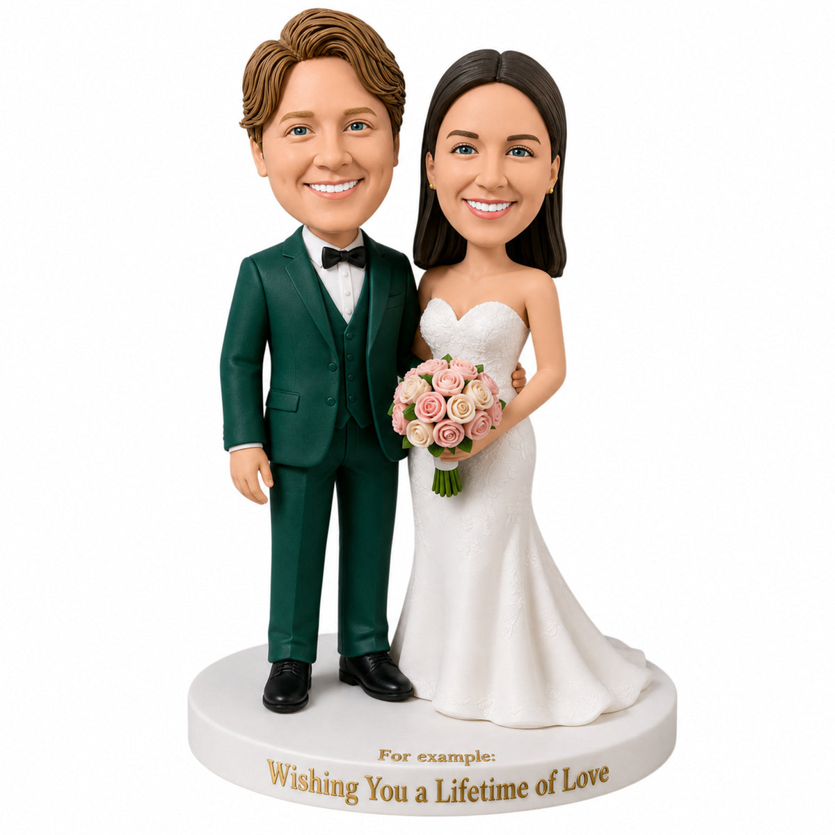 Custom Bride & Groom Bobblehead Wedding Gift – Groom in Green Suit | Customizable Any Outfit & Pose