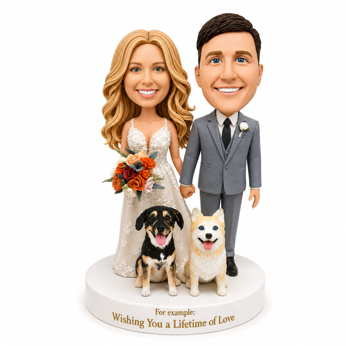 Custom Bride & Groom Bobblehead Wedding Gift with Dogs – Customizable Any Outfit & Pose