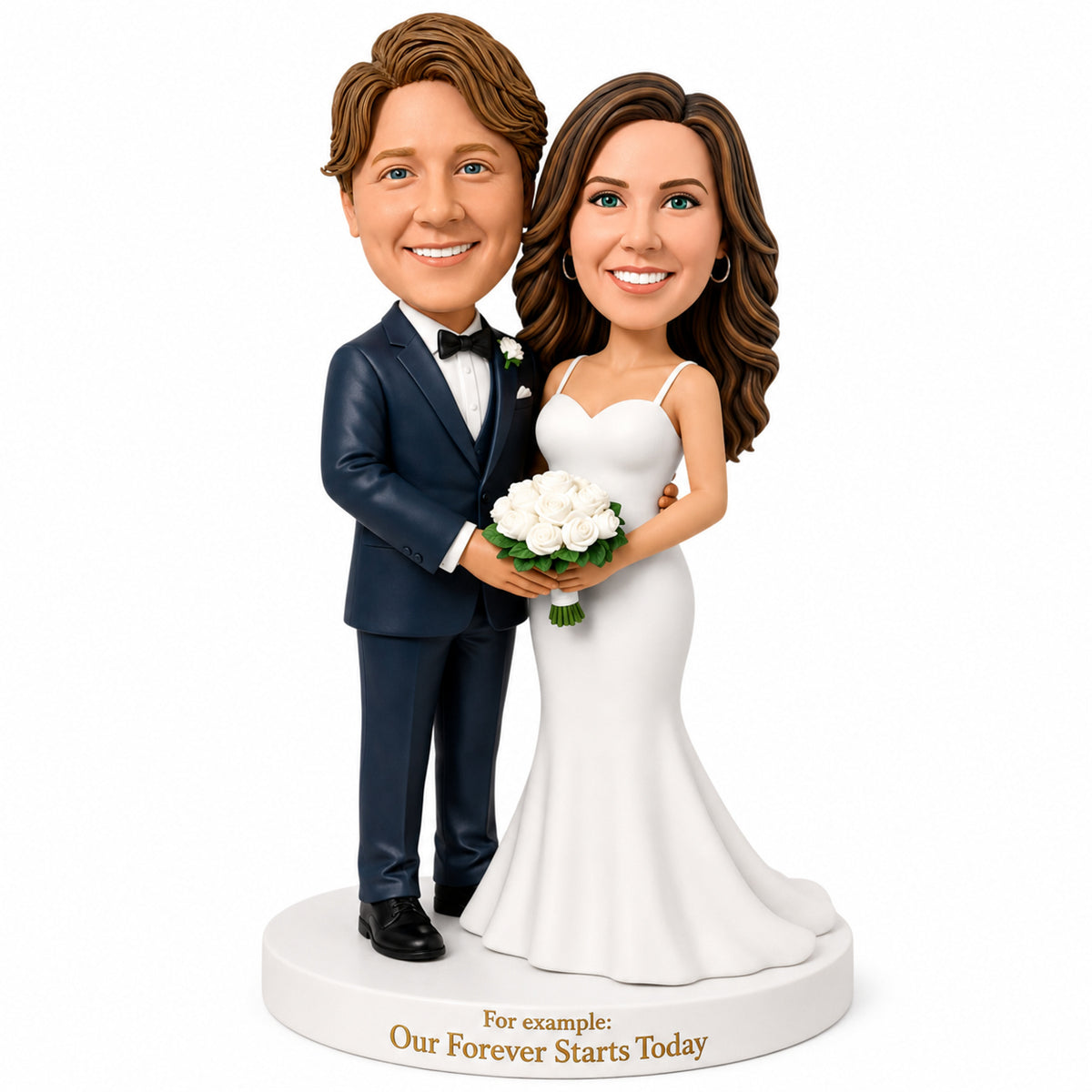 Custom Bride & Groom Bobblehead Cake Topper – Bouquet Pose | Customize Any Outfit & Pose