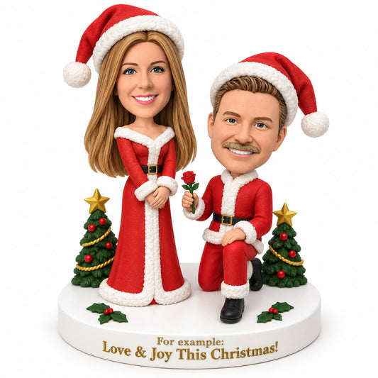 Custom Christmas Couple Bobbleheads with Rose – Customizable Outfits & Poses
