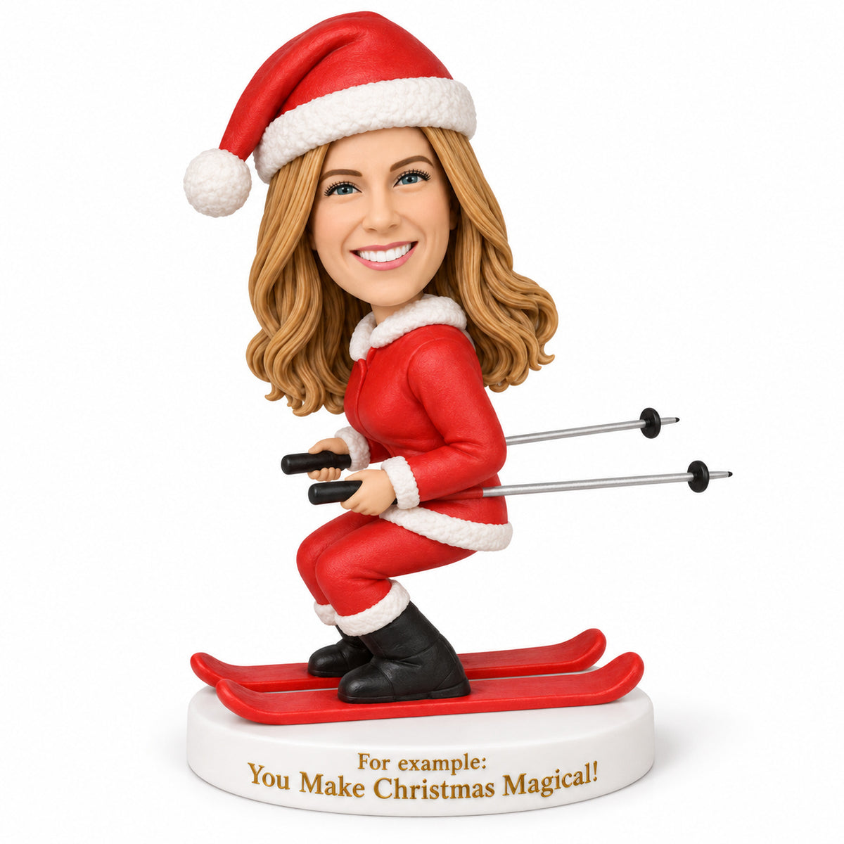 Custom Female Santa Bobbleheads on Skis – Customizable Outfit & Pose