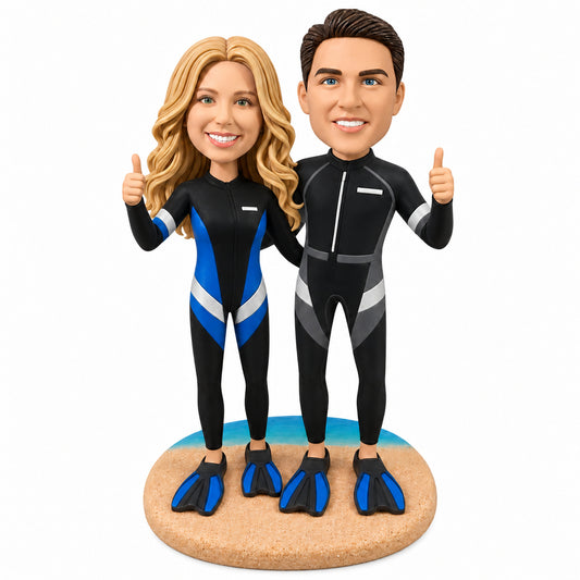 Custom Couple Scuba Divers Bobbleheads -- Customizable Wetsuit & Pose