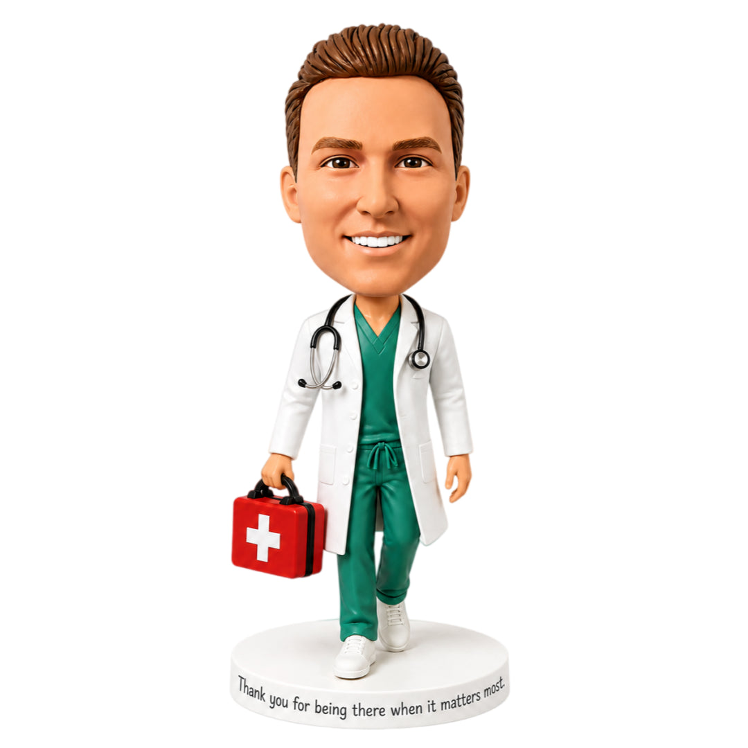 Custom Emergency Department Doctor Bobbleheads – Customizable Medical Attire & Pose