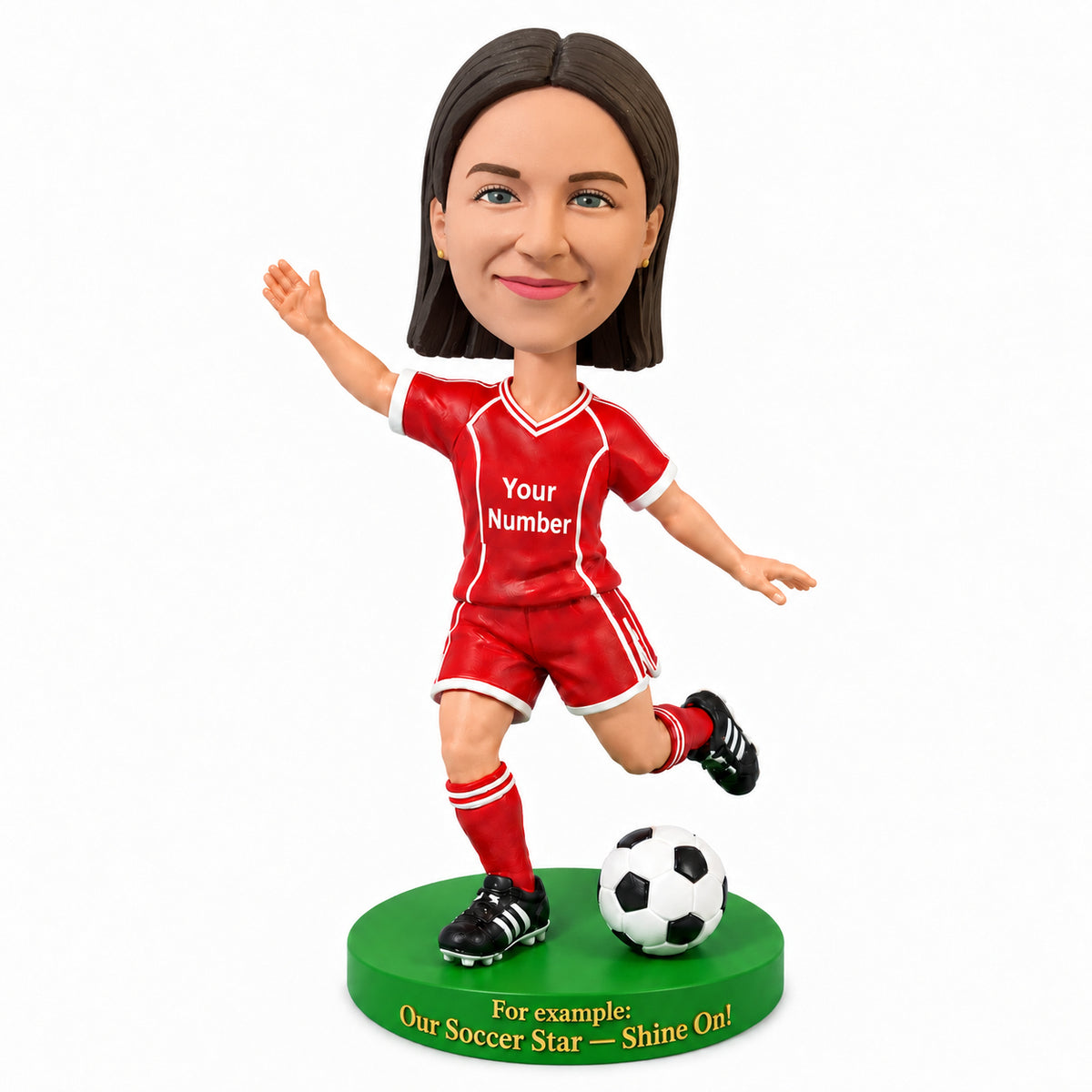 Custom Female Soccer Player Bobbleheads Kicking a Soccer Ball – Customizable Soccer Uniform, Jersey Number & Pose