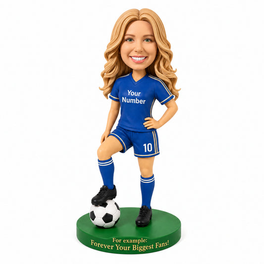 Custom Female Soccer Player Bobbleheads Posing with a Soccer Ball – Customizable Soccer Uniform, Jersey Number & Pose