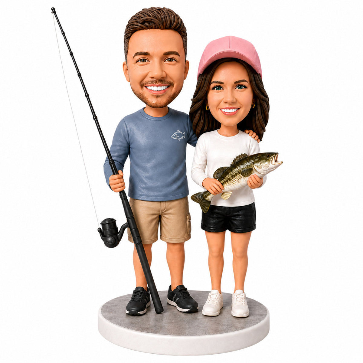 Custom Fishing Couple Bobbleheads – Customizable Outfit & Fish Species