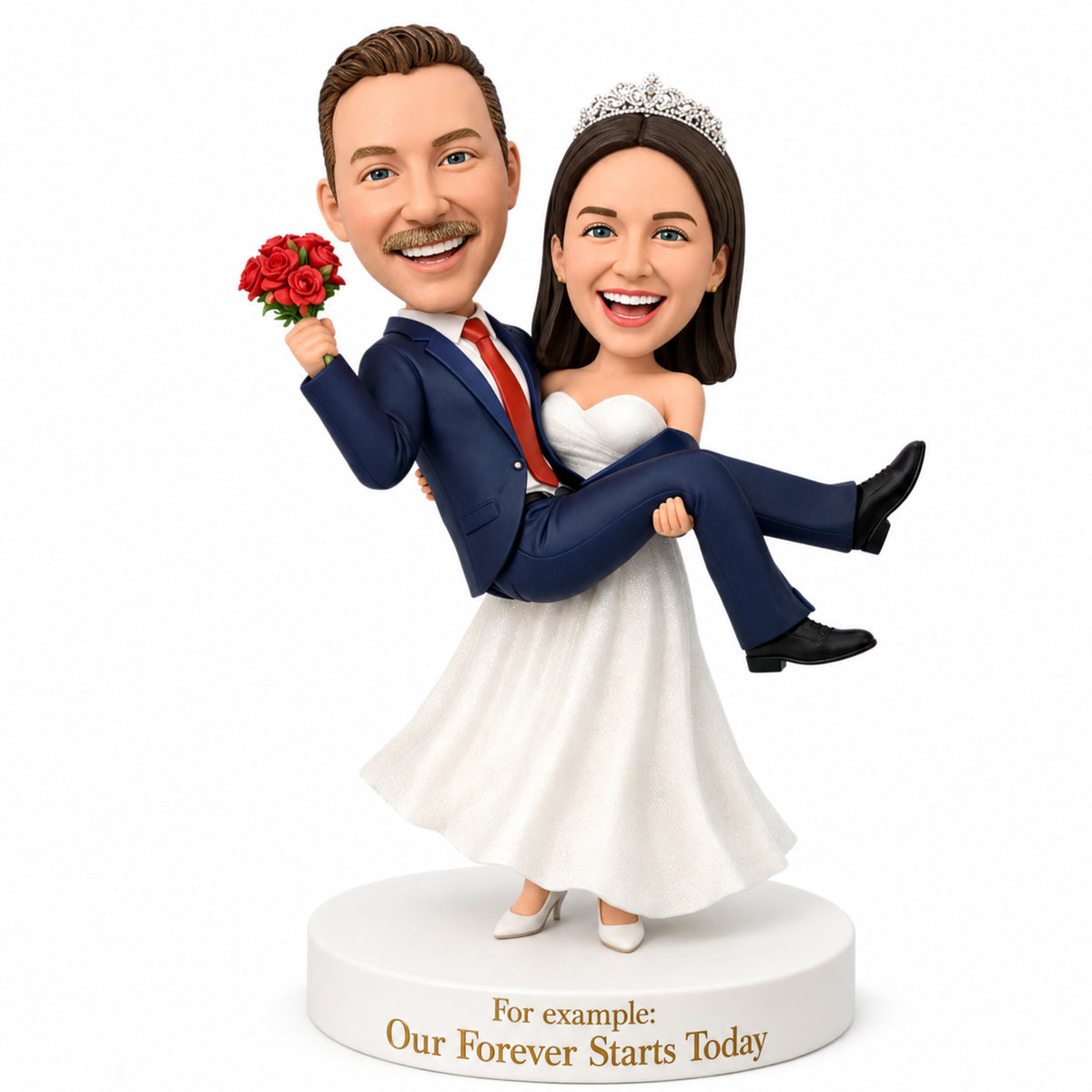 Custom Bride & Groom Bobblehead Cake Topper – Bride Carrying Groom | Customize Any Outfit & Pose